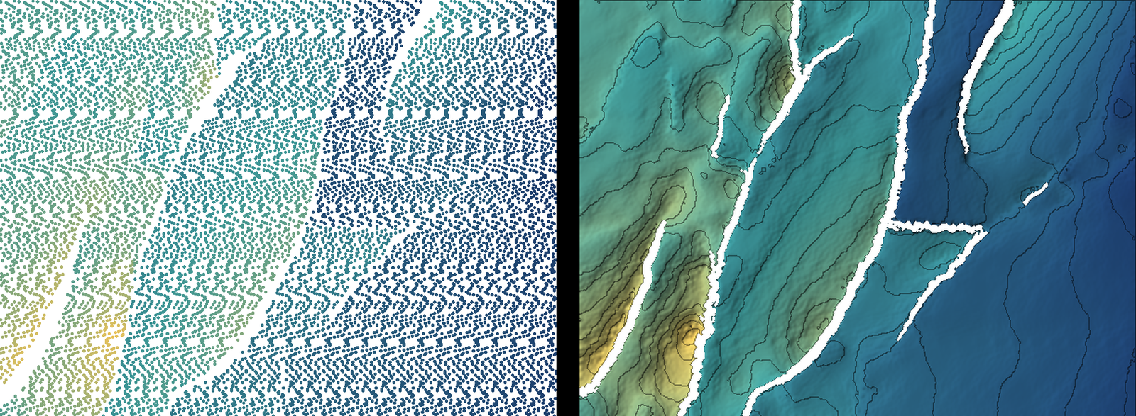 Imagio: scattered horizon picks on the left, the fault-cut surface it produced on the right